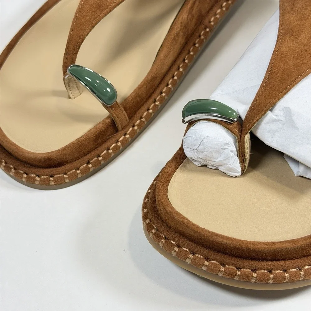 Dolce Vita Brown Suede Toe-Ring Sandals with Green Accents